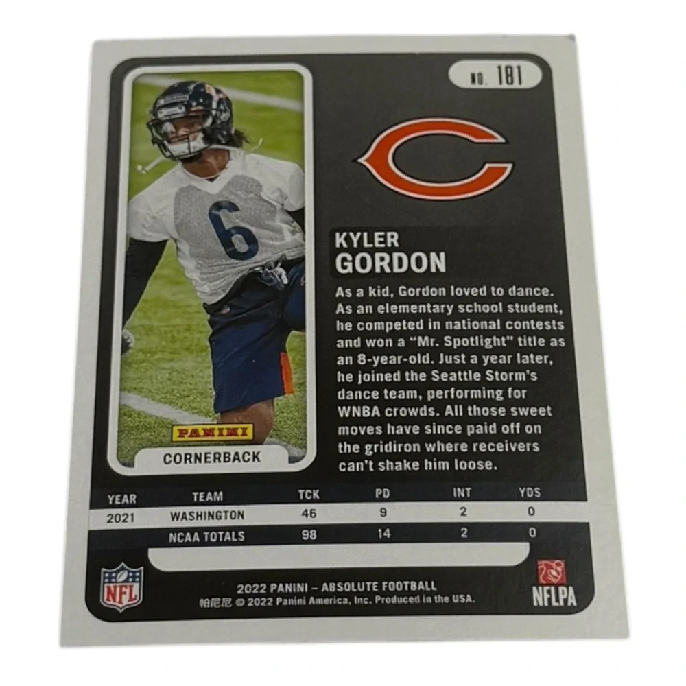 2022 Panini Absolute Football Kyler Gordon Rookie Card 181 Chicago Bears RC